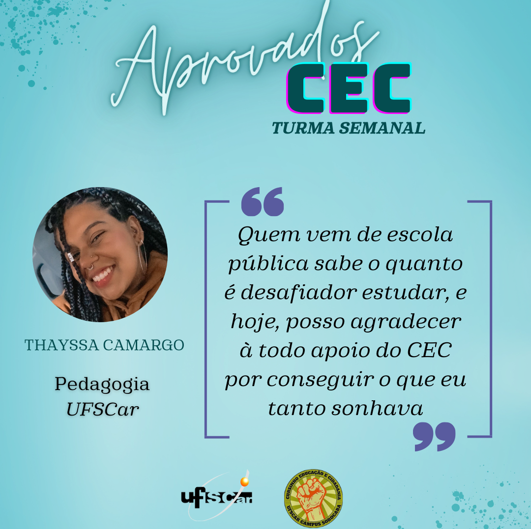 Depoimento de estudante aprovado na universidade pública graças ao cursinho gratuito CEC Sorocaba